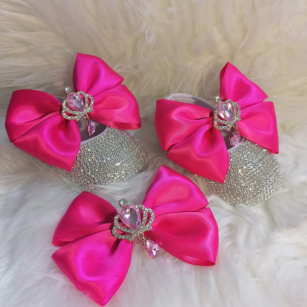 Dollbling Delicate Hot Pink Rose 1 ° Bebê Sapatos Headband Set Luxo Diamante Fluff Outfit Red Bottom Little Girl Batismo Sapatos