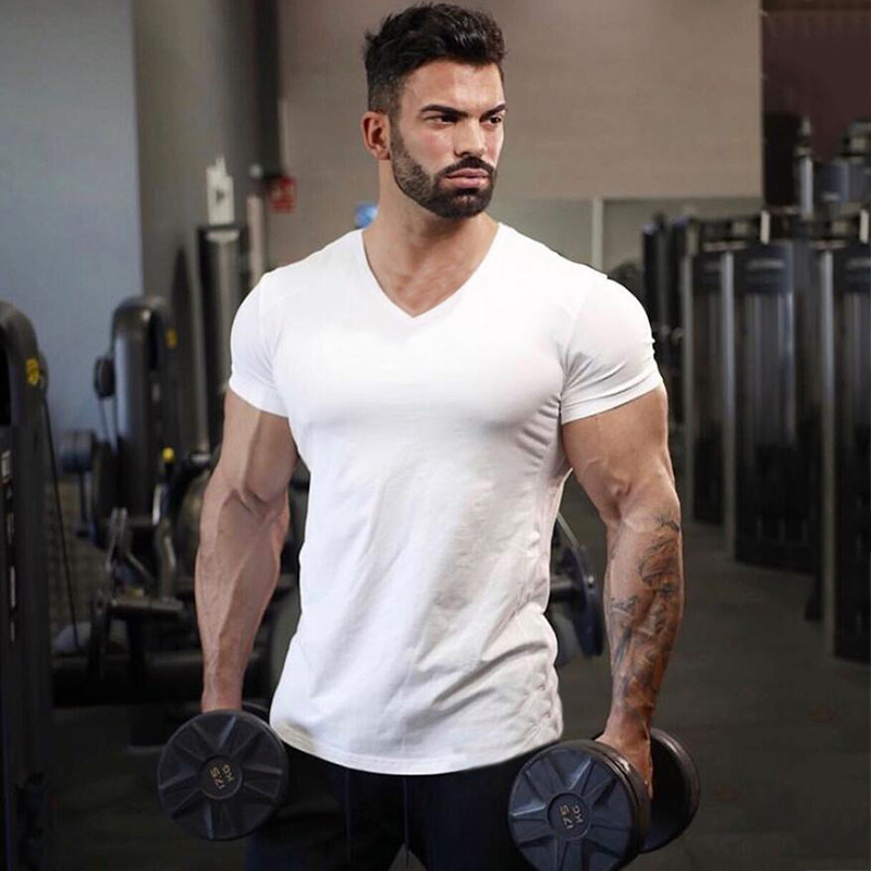 Effen katoenen gym T-shirt heren zomer fitnesskleding V-hals T-shirt met korte mouwen Slim Fit T-shirt Bodybuilding Workout Tees Tops