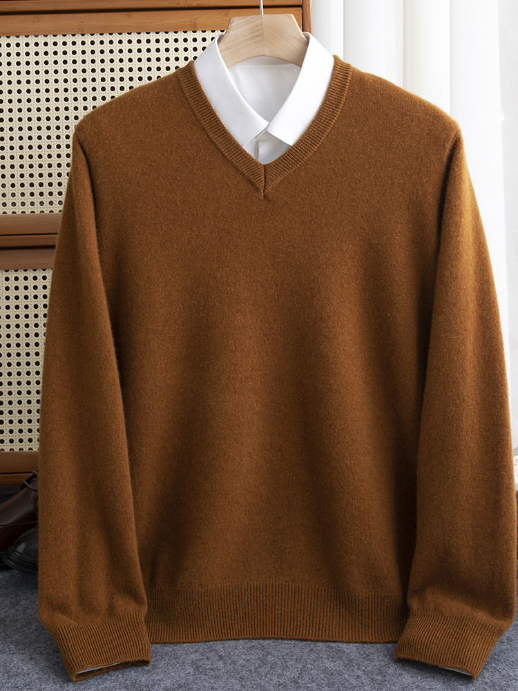 Suéter de lana merina de 100% para hombre, jersey con cuello en V, Otoño Invierno, Cachemira, prendas de punto sólidas cálidas, ropa de negocios, Tops suaves
