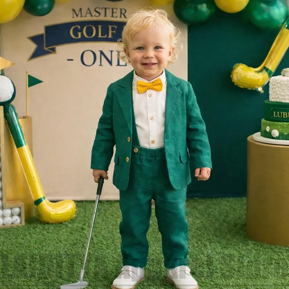 Smaragdgrüner Leinenanzug für Jungen Zweiteiliger Modischer Kinderanzug für Geburtstagsfeiern Garten-Hochzeiten Trauzeugen Tägliches Casual-Outfit