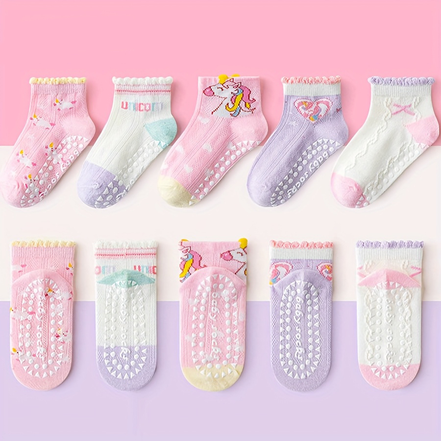 5 pares de meias infantis com cola de renda, padrão de unicórnio coração, meninos e meninas, sapatos de sola macia para bebês, meias internas antiderrapantes de cano médio com pônei arco-íris, adequadas para a vida diária casual