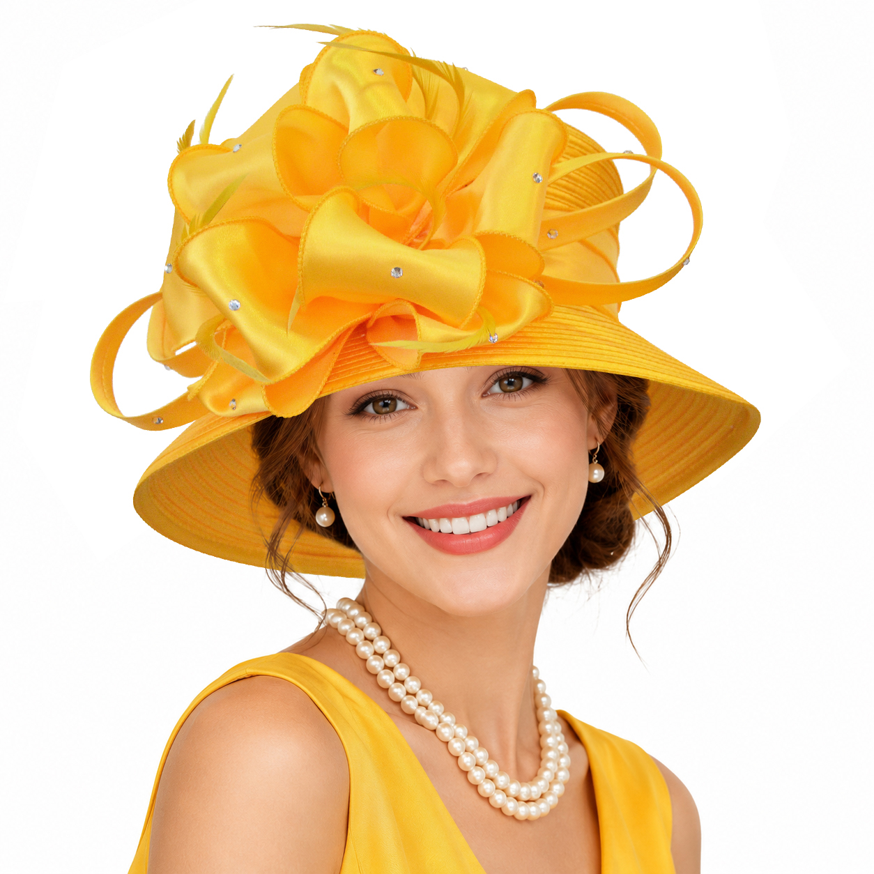 Topi Gereja Elegan untuk Wanita, Topi Fascinator Kentucky Derby Berpinggiran Lebar Warna Emas dengan Pita & Berlian Imitasi untuk Pernikahan, Pesta Teh