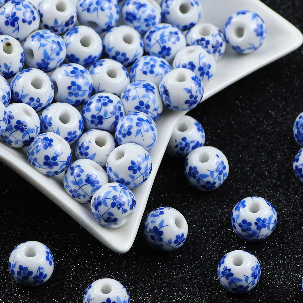 20 Stuks 8/10/12Mm Vintage Blauw En Wit Orchidee Ronde Keramische Kralen Voor Sieraden Maken Diy Armbanden Kettingen Kralen Accessoires