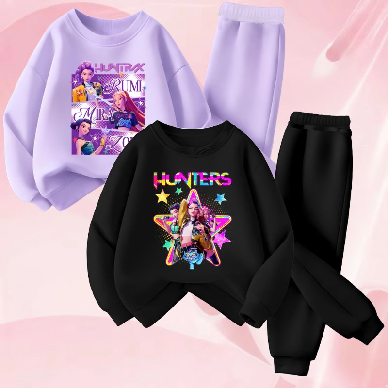 Conjunto de Sudadera con Capucha y Pantalones Deportivos para Niñas, Estampado de Dibujos Animados KPOP, Cuello Redondo, Primavera-Otoño, 2 Piezas, Informal
