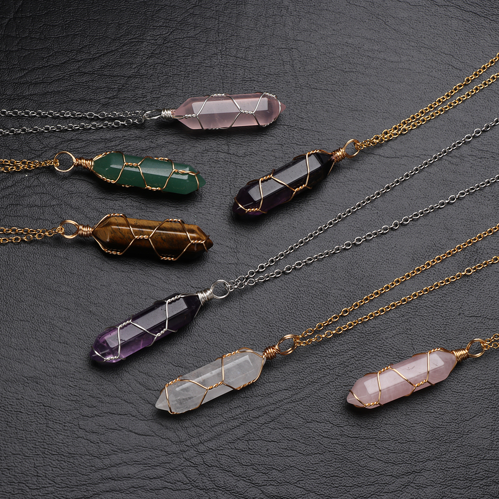 Colar hexagonal com pingente de pedra natural, para mulheres e homens, envoltório de fio, colar de cristal, ametista, quartzo rosa, joias da moda