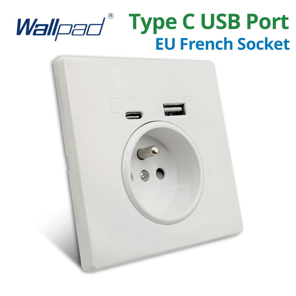 Wallpad White Plastic Panel Wall EU French Standard Power Socket With USB Charge Port Type-C Outlet  5V 2100mA
