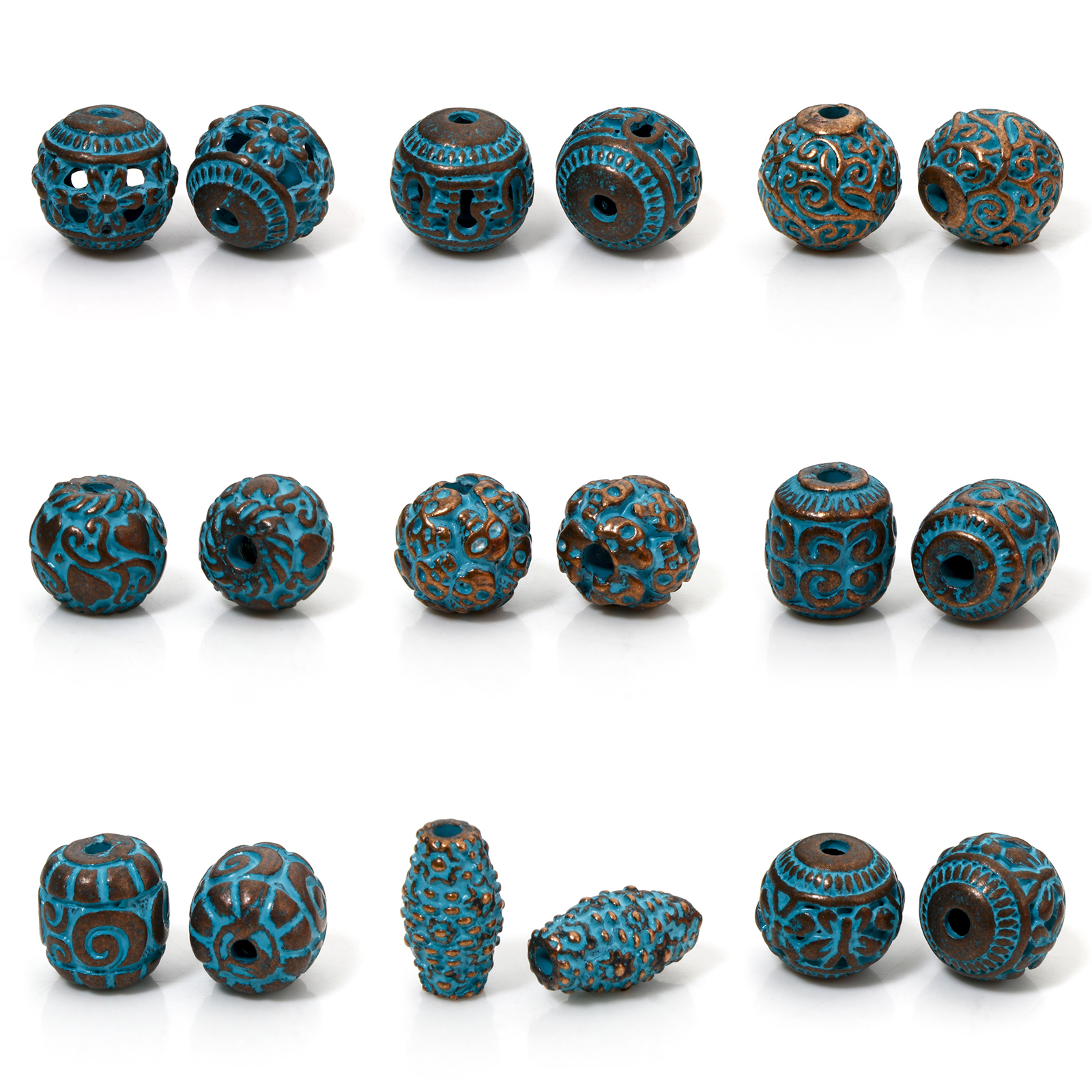 Zinco Baseado Alloy Patina Spacer Beads para DIY Fazer Jóias, Antique Copper, Azul, Rodada Padrão Esculpido, Charme Descobertas, 10 PCs
