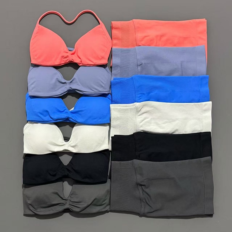 Conjunto de 2 piezas de Yoga y gimnasio para mujer, sujetador de Yoga con tiras sin costuras, pantalones cortos de entrenamiento de cintura alta, conjunto deportivo, ropa deportiva para Fitness