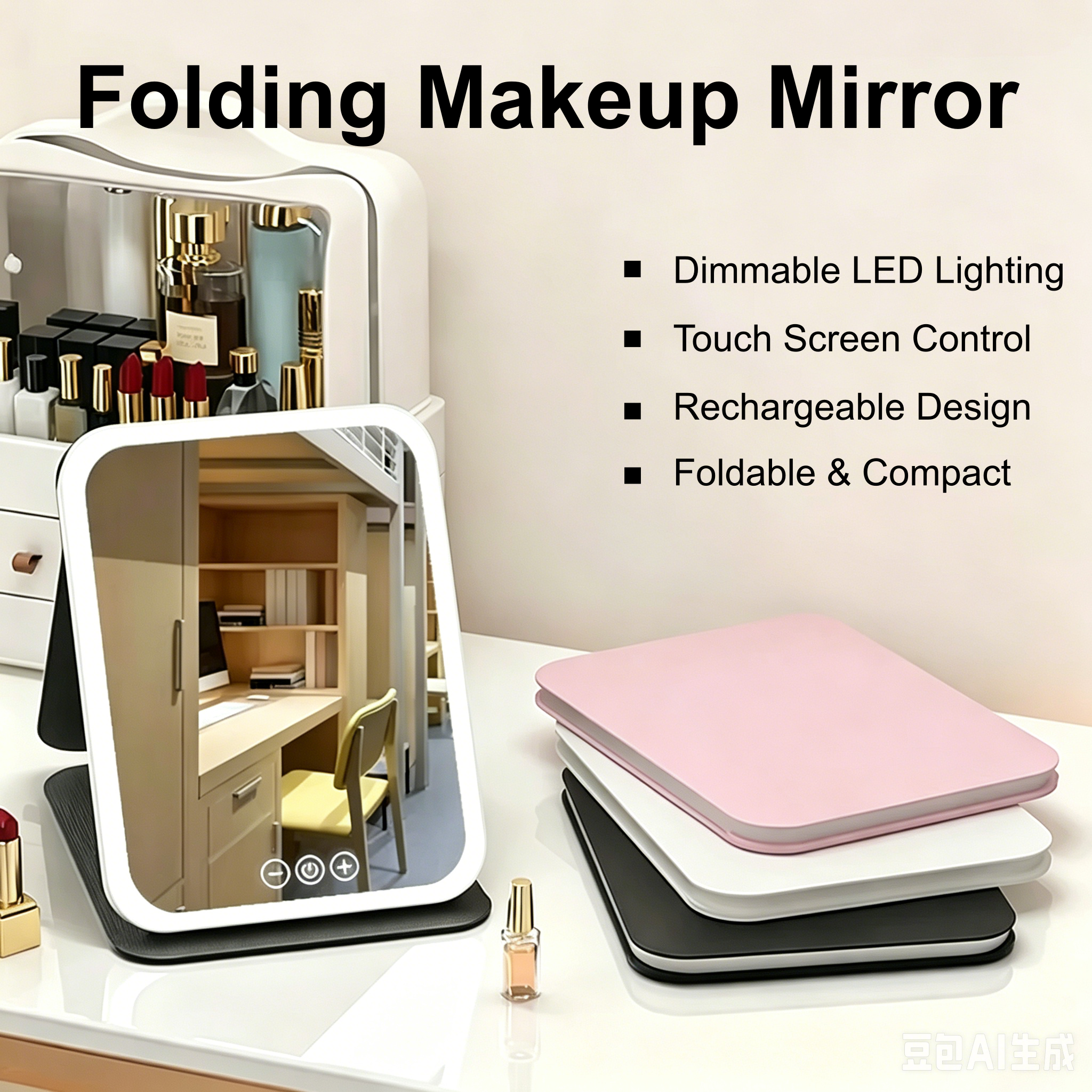 Miroir de maquillage LED Rechargeable par USB, 3 couleurs, miroir de poche tactile, variable, 3 luminosité, pliable, pour voyage, bureau, maison