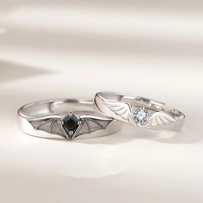 Luxo romântico anjo demônio casal anéis para mulheres moda zircão asas design ajustável noivado anel de casamento jóias