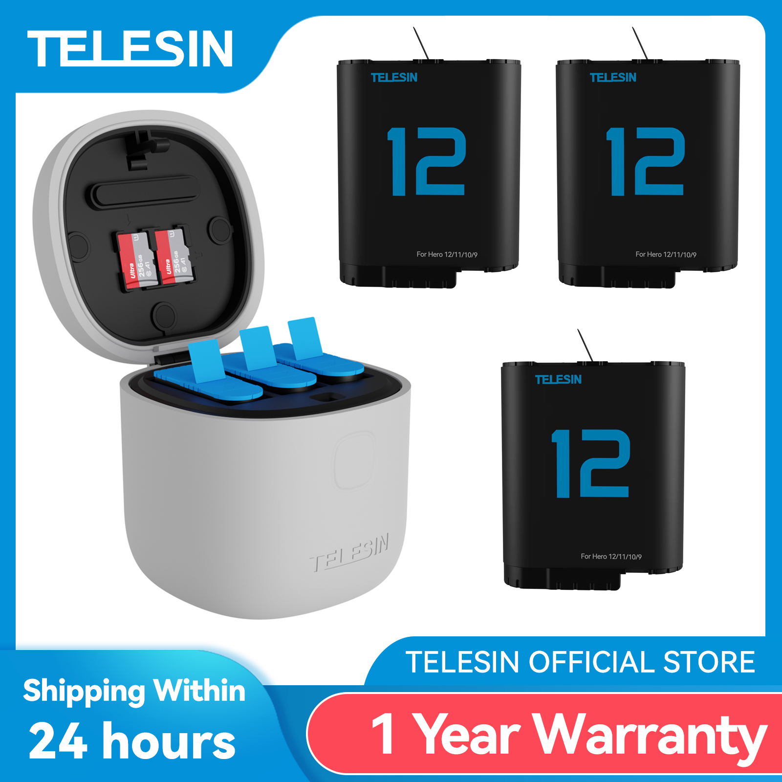 TELESIN – batterie 1750mAh pour GoPro Hero 9 10 11 12, 3 emplacements, boîtier de chargement étanche Anti-chute en Silicone avec lecteur de carte TF