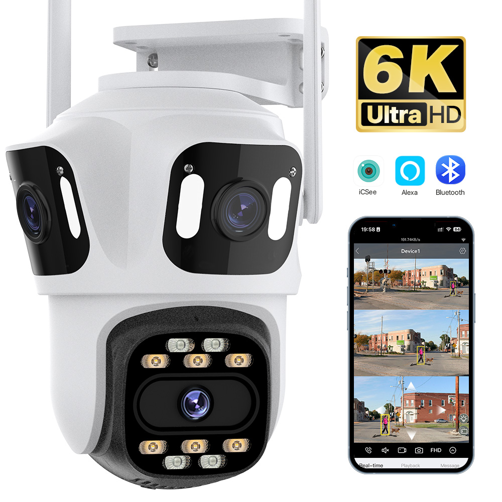Zewnętrzna kamera WiFi PTZ z trzema obiektywami 6K HD Zewnętrzna kamera z podwójnym obiektywem 4K do wykrywania ludzi Kamera monitorująca CCTV iCsee