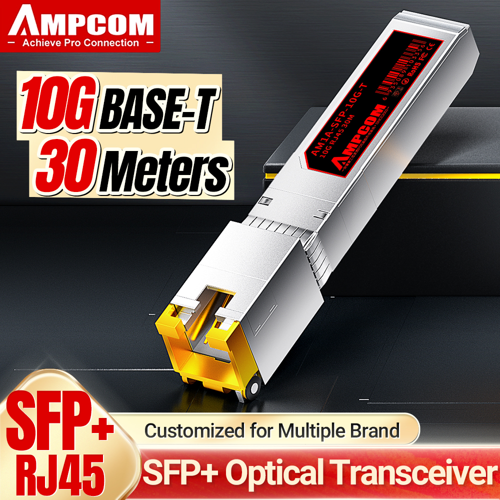 AMPCOM 10GBase-T SFP+ to RJ45 Transceiver, CAT6A/CAT7 Ethernet Copper Cable RJ45 to SFP+ Fiber Optical Module, Up to 30M