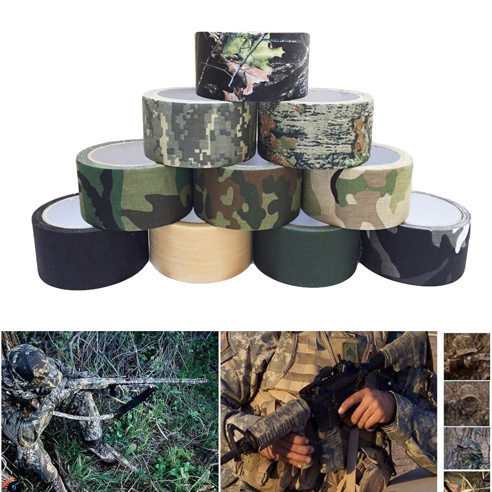 Cinta de camuflaje multifuncional de 5M/10M, cinta autoadhesiva de camuflaje para caza, Paintball, Rifle Airsoft, cinta sigilosa antideslizante impermeable