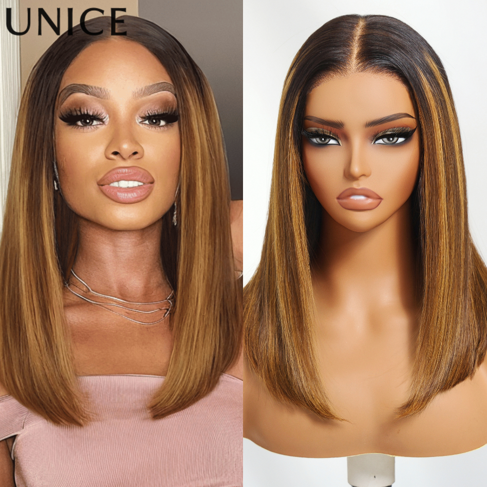 UNice Upgrade No-Slip Cap 7x5 Lace Brown Piano Highlights Straight Bob Perücke Echthaar Glueless Bob Perücken sofort tragbar