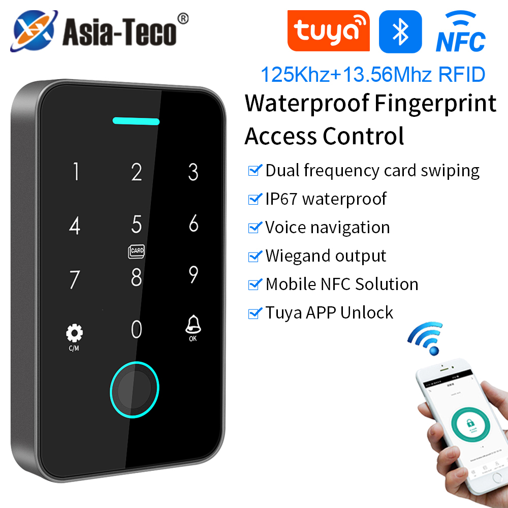 Dual RFID 125 Khz + 13,56 MHz NFC Tuya Outdoor Vingerafdruk Toegangscontrole Toetsenbord IP67 Waterdichte Biometrie Deuropener met Gateway