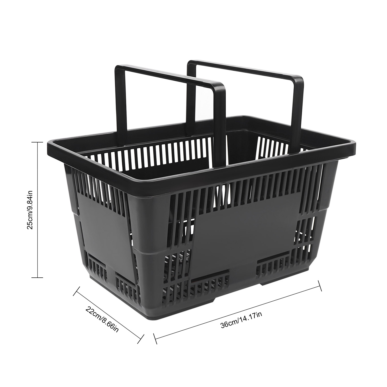 12-pack zwarte plastic boodschappenmanden, boodschappenwinkel, commerciële thuissupermarkt met handgrepen voor het dragen en opbergen van diversen