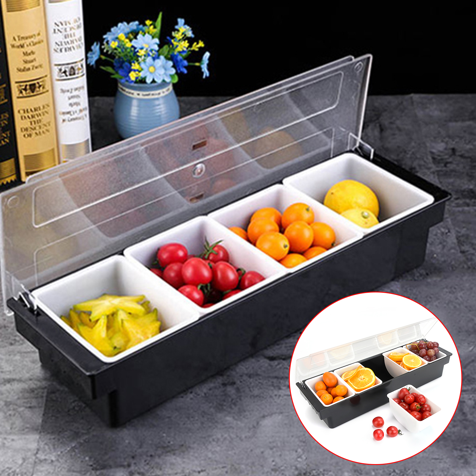 Plateau à fruits à 3/4/5/6 compartiments, distributeur d'assaisonnement, Bar Caddy, boîte de rangement, conteneur distributeur