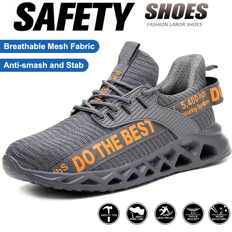 Sapatos de segurança com biqueira de aço para homens e mulheres, leves, respiráveis, sapatos de trabalho à prova de punção, tênis antiderrapantes com biqueira de aço