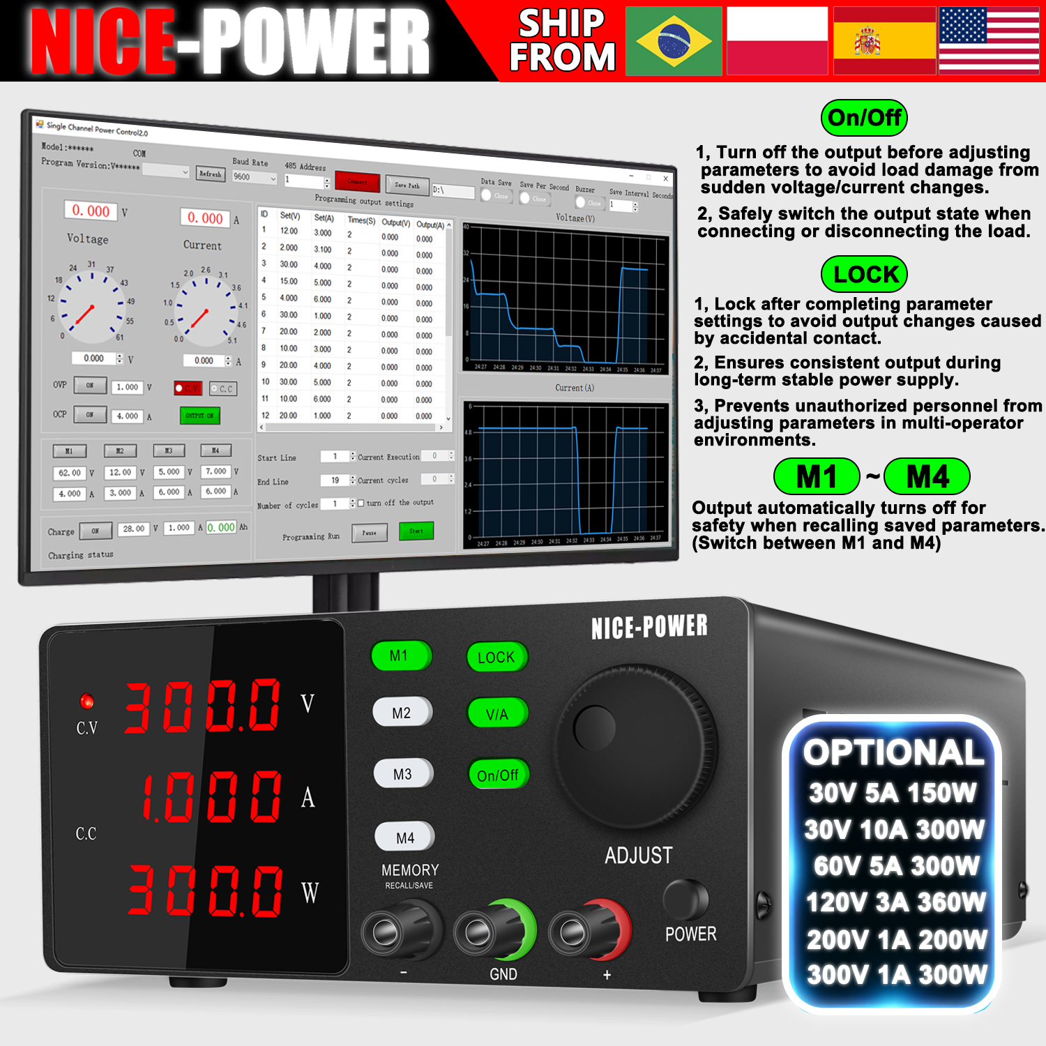 Alimentatore da Laboratorio Programmabile NICE-POWER RS232 200V 300V DC Regolabile, Banco di Lavoro per Manutenzione 30V 10A, Edizione Dati Memorizzati