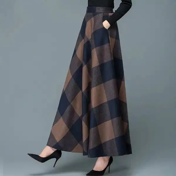 ฤดูใบไม้ร่วงฤดูหนาวกระโปรงลายสก๊อตผู้หญิงยาว A-Line Big Hem ชุดเอวสูงกระโปรงยาวผู้หญิง Mujer Faldas Saias Mulher
