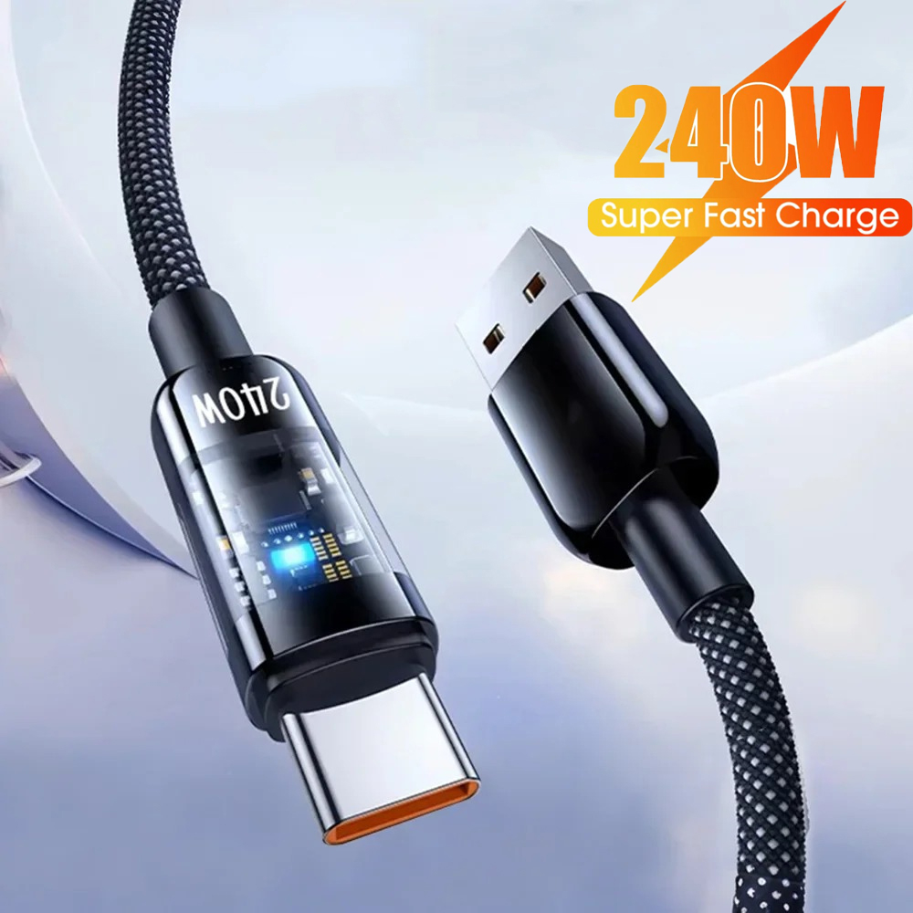 Kabel USB do Type C 240W, super szybkie ładowanie, nylonowa plecionka, przewód do transmisji danych ze wskaźnikiem świetlnym, do ładowarek Samsung, Xiaomi, Huawei.