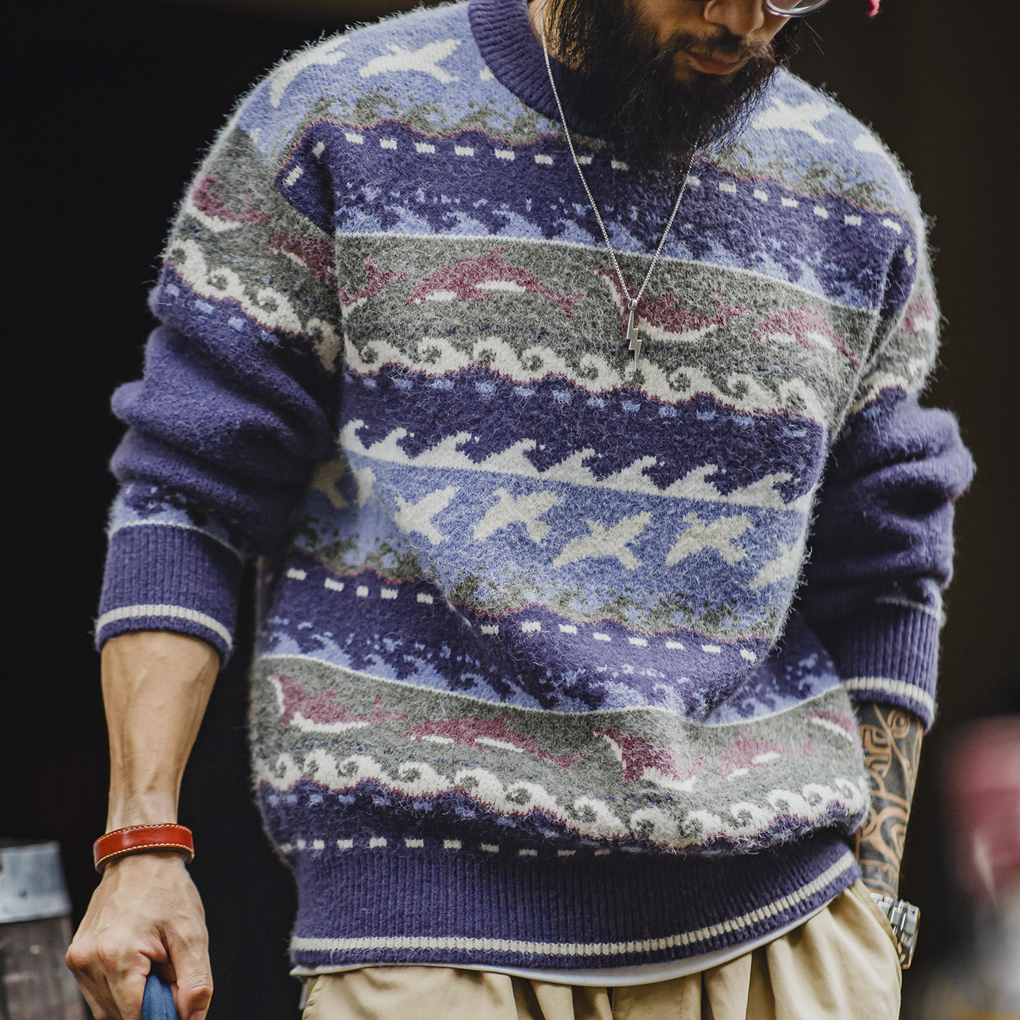 Maden Vintage Men's Fair Isle Sweater Crewneck Relaxed Fit Pullover Soft Thermal Knitwear Tops for Autumn Winter Versatile