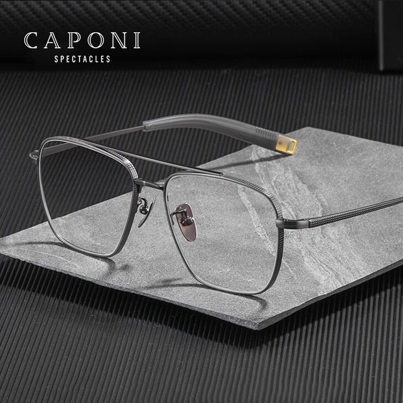 CAPONI แว่นตาผู้ชายทรงสี่เหลี่ยมไทเทเนียมบริสุทธิ์ป้องกันแสงสีฟ้าสายตาสั้นแว่นตาดีไซเนอร์ประกอบด้วยเลนส์แว่นตา PJ50004