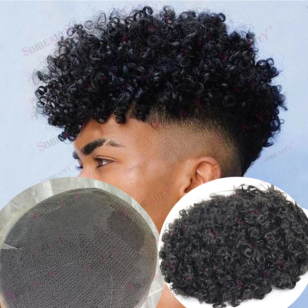 12mm Afro perwersyjne kręcone oddychające pełne koronkowe naturalną linią włosów peruka męska czarne 100% ludzkie włosy peruka bielone węzły męskie protezy