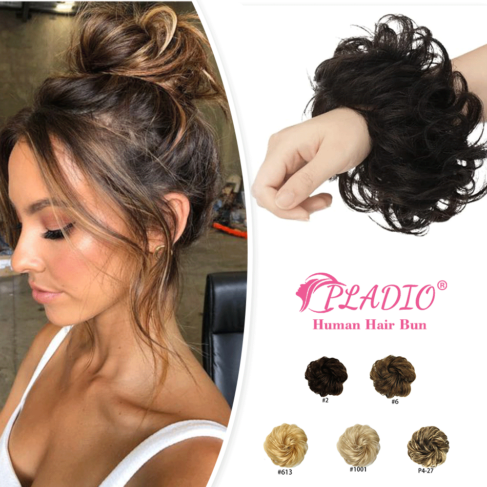 PLADIO 100% 人毛おだんごエクステンション乱雑なシニヨンタッセル付きポニーテールヘアエクステンション波ナチュラルブラウンおだんごヘア女性のための