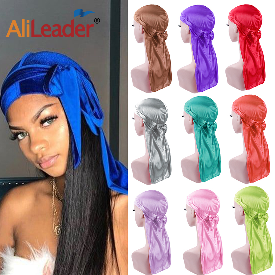 50 Buah Turban Durag Sutra untuk Pria Wanita Penutup Kepala Satin Topi Bajak Laut untuk Aksesoris Rambut Durages dengan Ekor Ekstra Panjang
