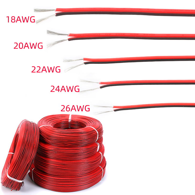 Cable eléctrico de 2 pines de cobre estañado, Cable de tira LED de extensión de PVC aislado, Cable rojo y negro, 18/20/22/24/26 AWG