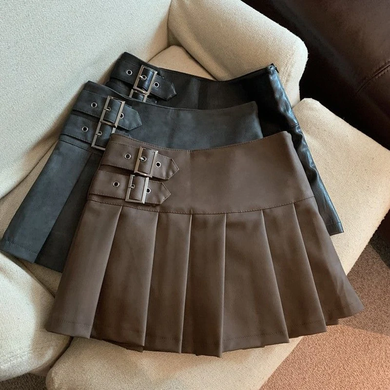 XS-3XL Y2K Pu レザーミニスカート女性ストリートハイウエストプリーツスカートヴィンテージ韓国黒スリムカジュアル A ラインスカート