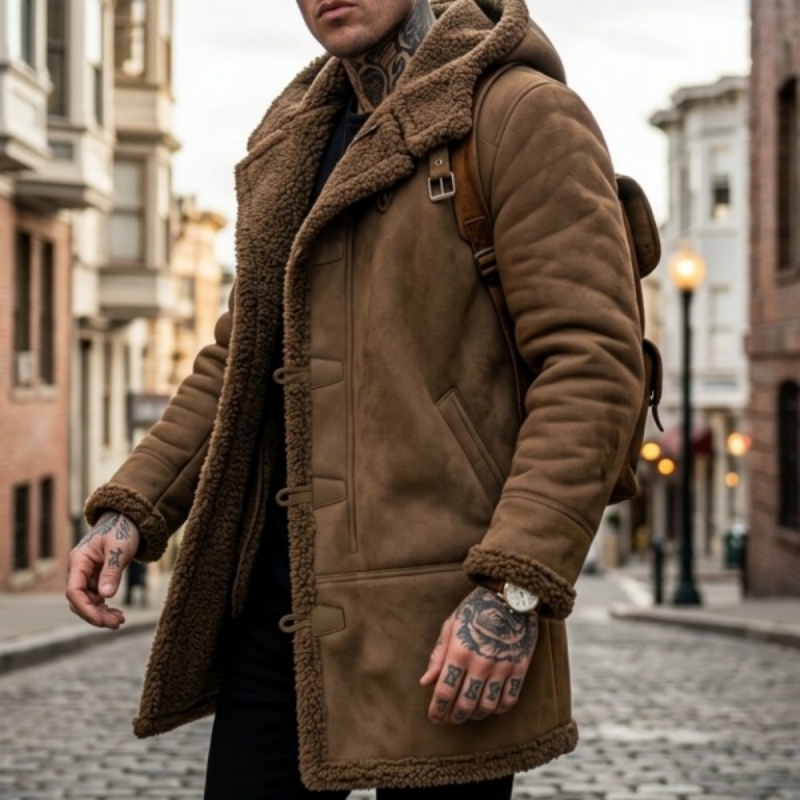 Jaqueta masculina de inverno com capuz, forrada com fleece, camurça sintética, para caminhadas, caça, à prova de vento, estilo motociclista, jaqueta masculina de inverno