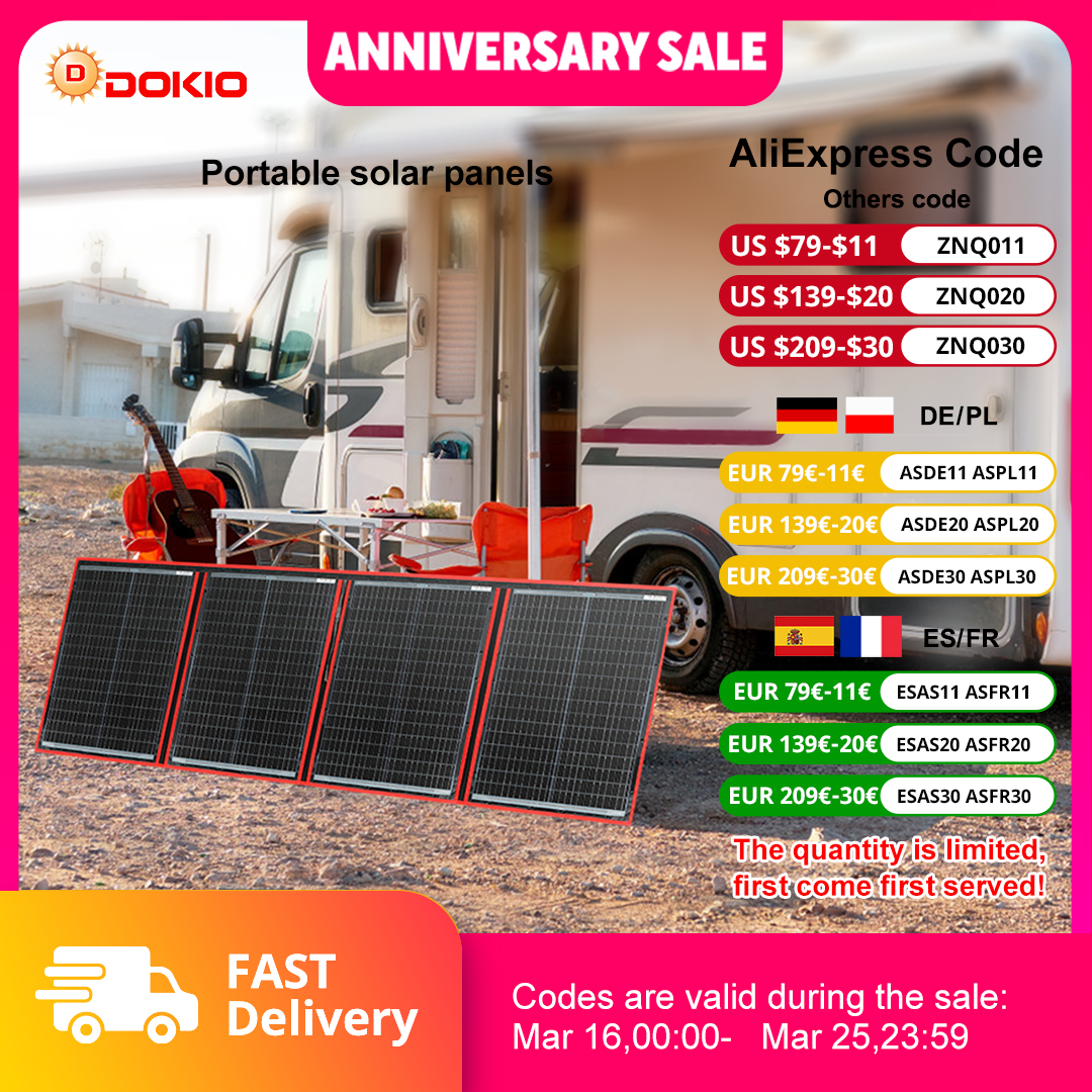 Przenośny składany panel słoneczny Dokio 160 W z kontrolerem 12 V Elastyczny panel słoneczny do rodzinnego podróży kempingowych
