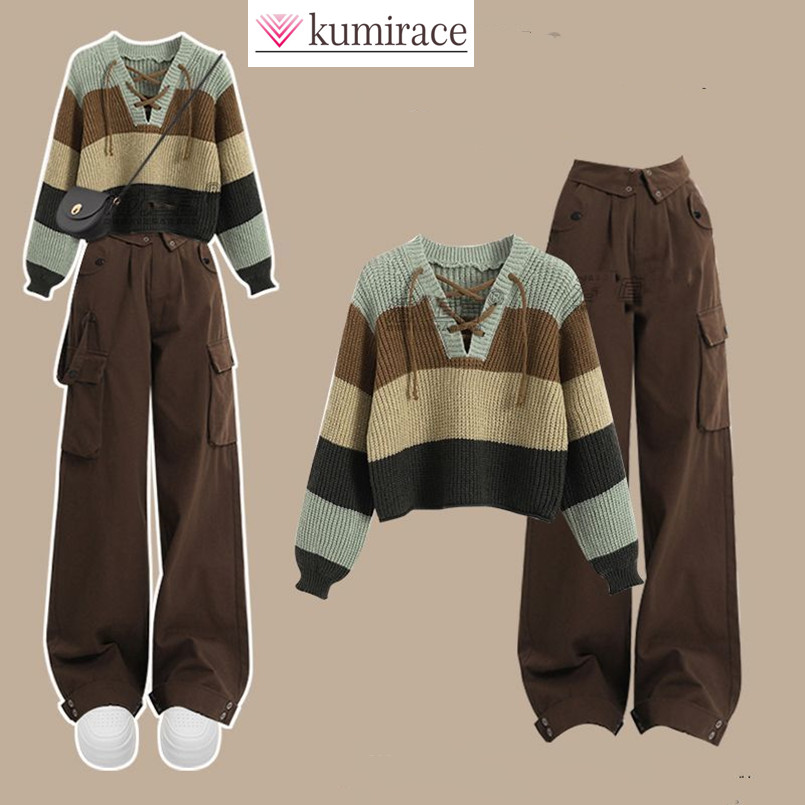 Set pakaian kerja wanita Korea, Set Sweater rajutan bergaris wanita, celana kerja ramping dan serbaguna dua potong musim gugur dan musim dingin