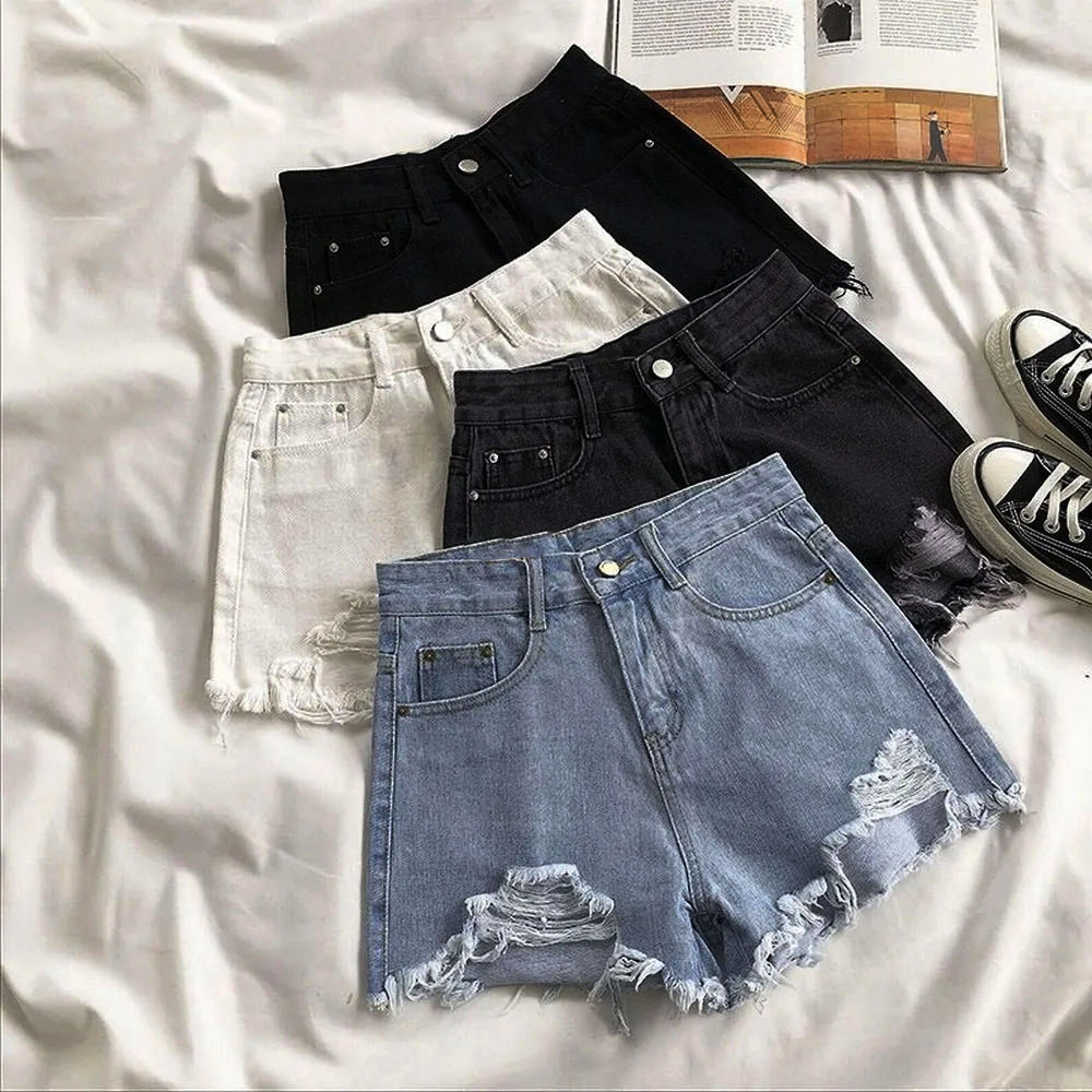 Letnie koreańskie damskie kowbojskie spodenki wysokiej talii Casual niebieskie spodenki jeansowe kieszonkowe frędzle perforowane modne spodenki Y2K kobiece dżinsy