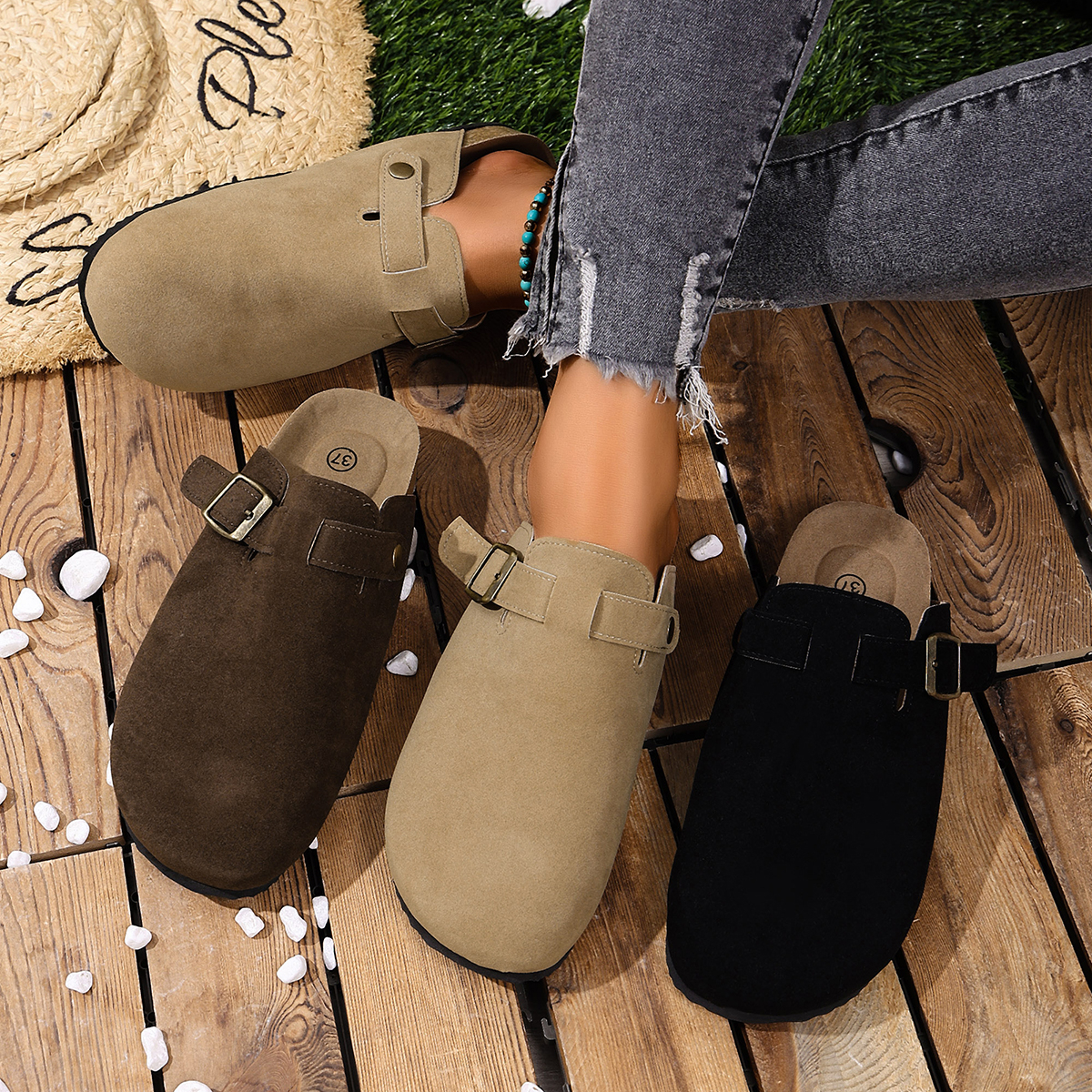 Korkfußbett-Clogs für Damen und Herren, modische Leder-Mules, bequeme Potato-Schuhe mit Fußgewölbestütze, flache Slides für drinnen und draußen