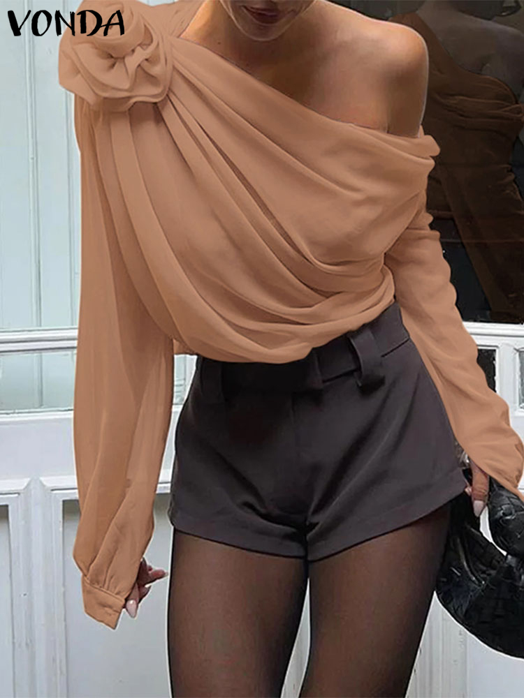 Camisas elegantes de talla grande VONDA, Blusas para mujer, moda 20224, Tops con hombros descubiertos, Blusas informales de manga larga con farol, Blusas de fiesta de gran tamaño