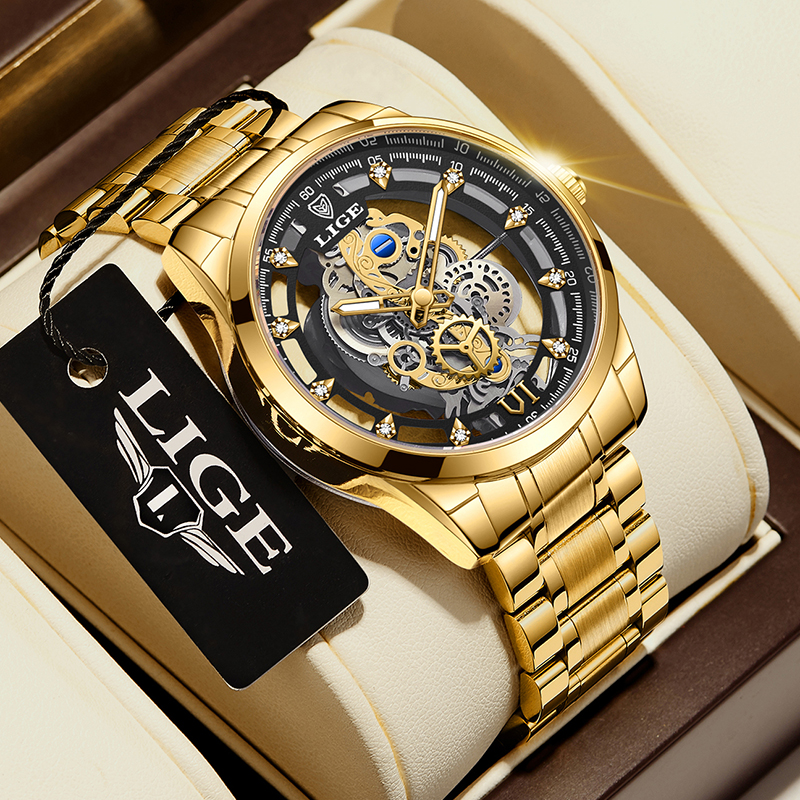 2024 LIGE Homens Relógio Esqueleto Relógio Automático de Quartzo Esqueleto de Ouro Vintage Homem Relógio Mens Relógios Top Marca de Luxo часы муж ngaе