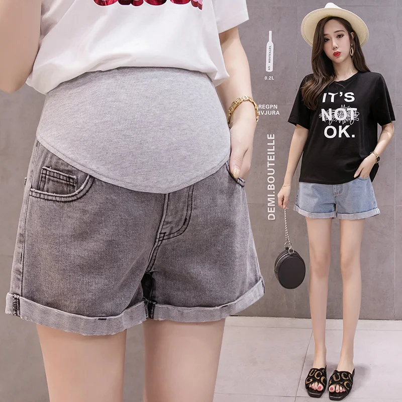 Moda verão shorts mulheres grávidas denim curling buracos calças estiramento barriga roupas maternidade