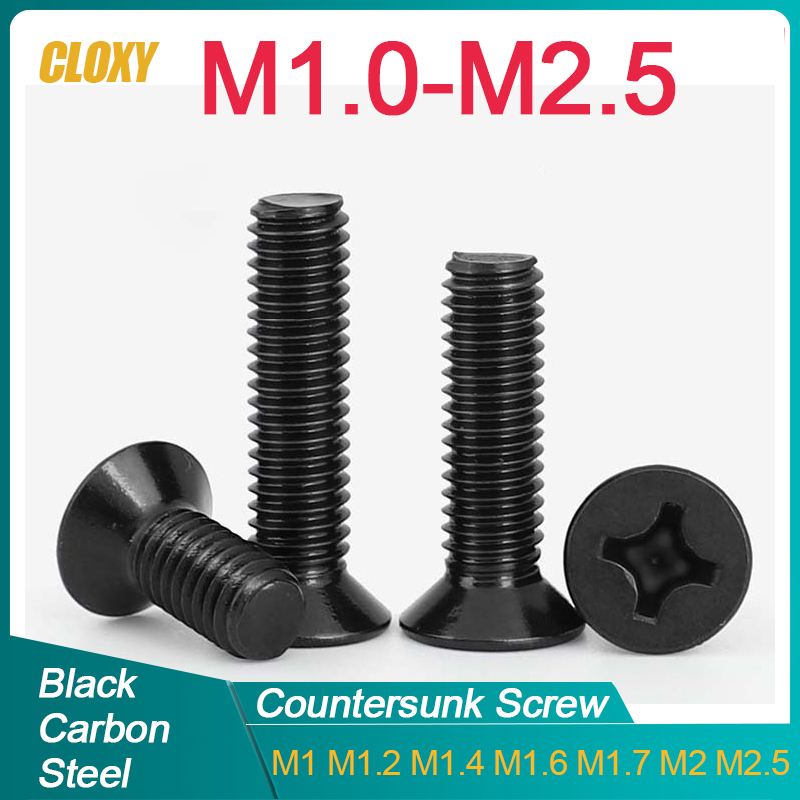 50/ 100 Uds M1 M1.2 M1.4 M1.6 m1.7 M2 M2.5 Mini tornillo de cabeza plana Phillips cruzada de acero negro pequeño