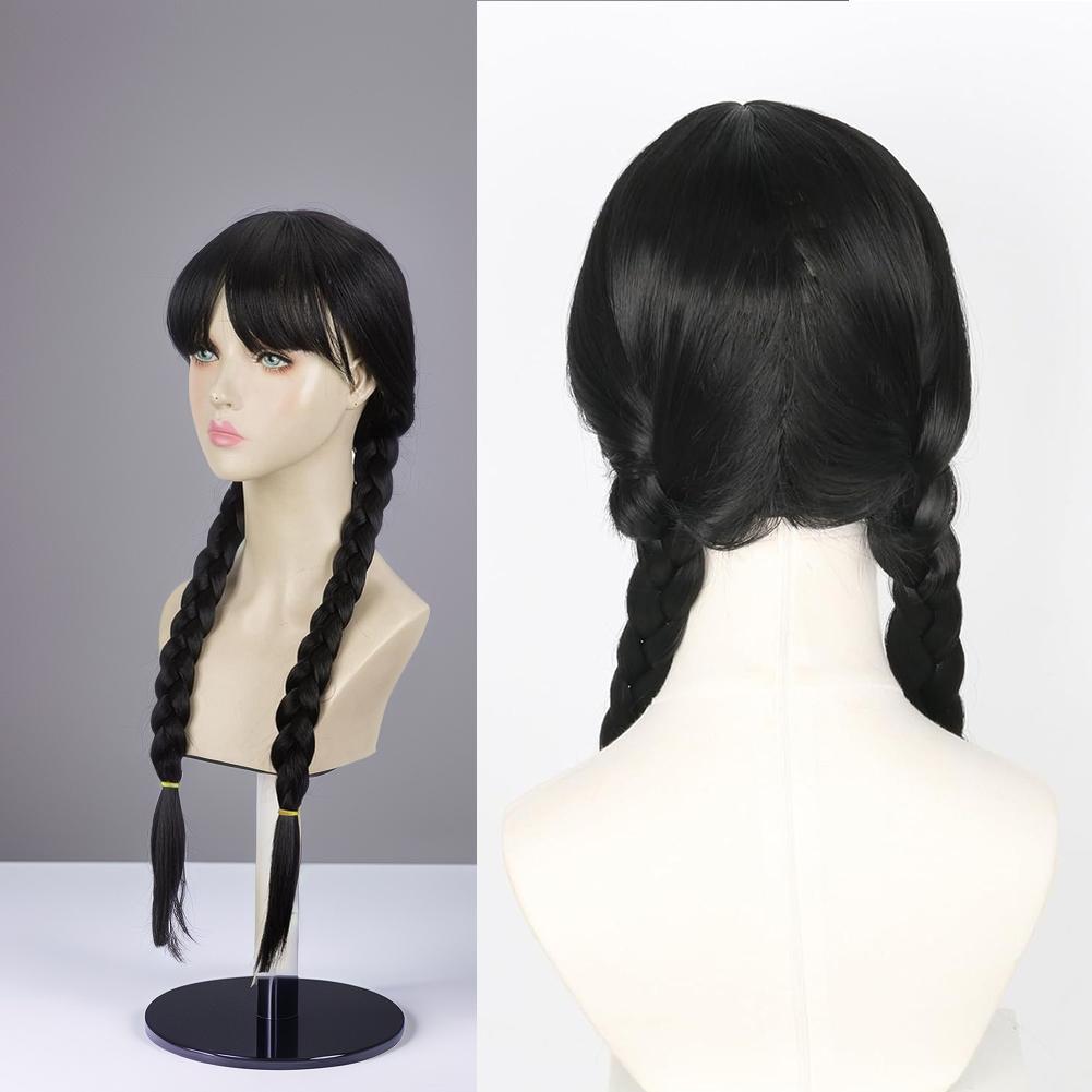 Peluca trenzada de cola de caballo doble para pelucas de miércoles, trenzas de disfraz gótico de Halloween, trenzada sintética negra doble de Anime con flequillo