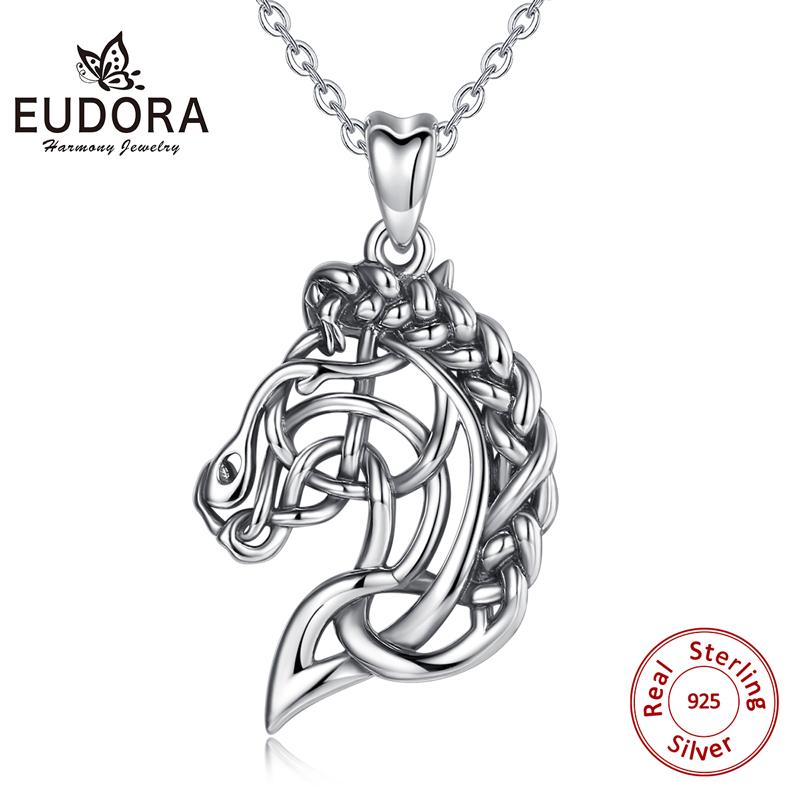 Eudora 925 Sterling Silver głowa konia naszyjnik wisiorek Celtics ducha koń naszyjnik konny biżuteria zwierząt wisiorki CYD424