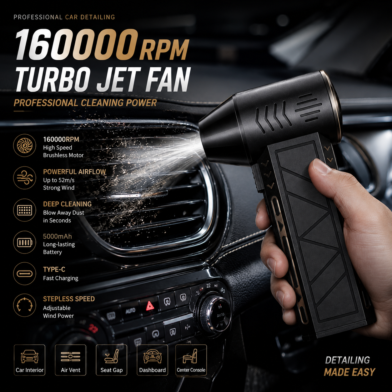 강력한 폭풍팬 160000RPM 터보 에어 블로워 고속 브러시리스 100단 속도 조절 터보 제트 블로워 LED 조명 포함