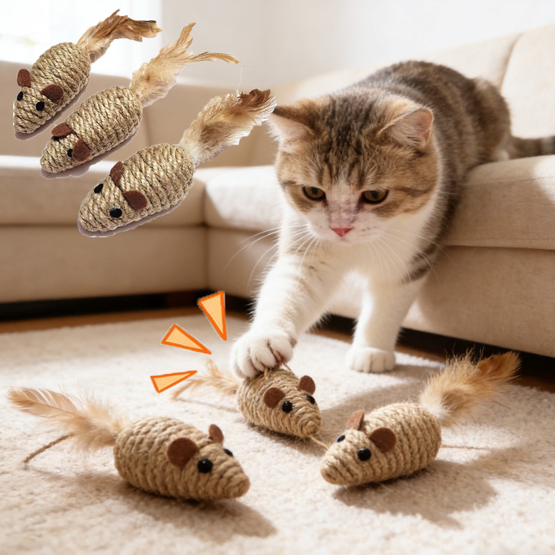 Ratón falso de Sisal para gatos, juguete interactivo resistente a mordeduras para gatos, ratones de simulación, sonido, gatito, juguete de autojuego para gatos
