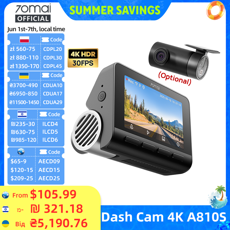 Новый видеорегистратор 70mai A810S 4K HDR с GPS, ADAS, автоматической записью, двухканальным датчиком движения, поддержкой 4G LTE, глобальная версия