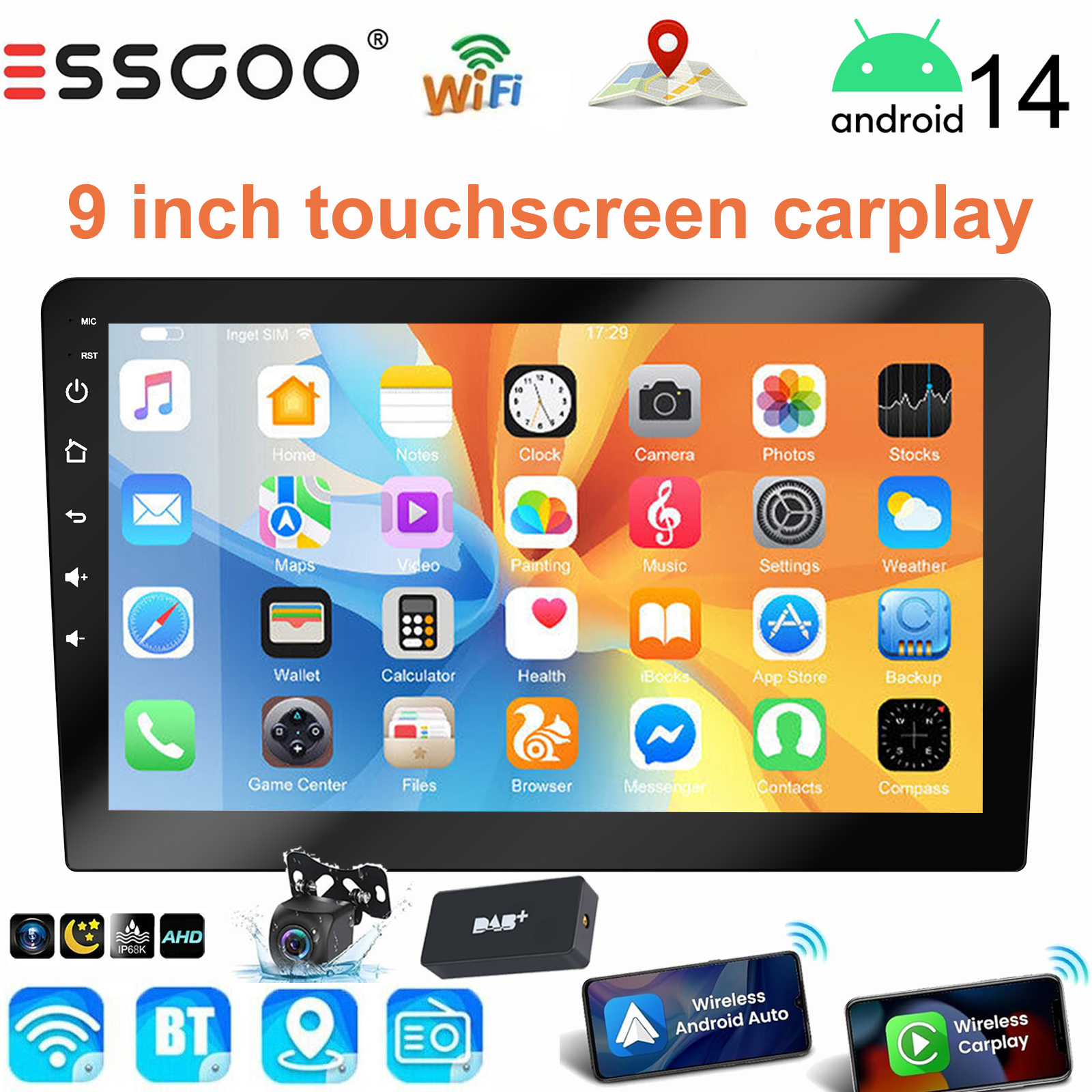 ESSGOO 9 Zoll Touchscreen 2 DIN Autoradio Android14 2+32G/2+ 64G/ 4+64G Wireless Carplay Android Auto Wiedergabe GPS Navigation WiFi FM RDS Lenkradsteuerung Mirror Link Bluetooth Split-Screen Rückfahrkamera-Eingang USB