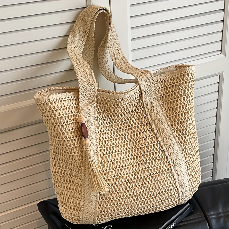 Nuova Borsa a Spalla in Paglia Intrecciata a Mano, Borsa Tote Monocolore con Nappa, Borsa da Spiaggia Quadrata per Vacanze Estive, Borsa a Mano per Shopping e Gite