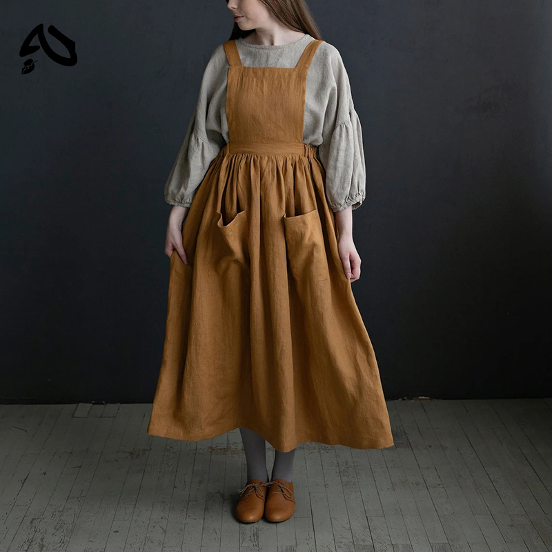 Abito Vintage in Cotone e Lino da Donna con Colletto Quadrato e Schiena Incrociata in Stile Medievale Francese